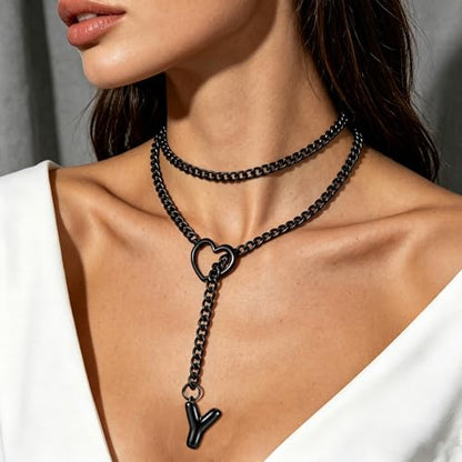 Black Heart Slip Chain Initial Necklaces for Women, Stainless Steel Wrap Choker Necklace, Gothic O-Ring Adjustable Lariat Y Necklaces, Punk Cuban Collar Choker Necklace, Halloween Jewelry Gift - color: Black Y