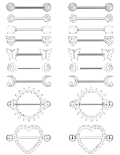 9 Pairs 14G Stainless Steel Nipple Rings Tongue Ring Straight Nipple Barbells Cute Butterfly Rose Opal Moon Heart CZ Body Piercing Jewelry for Women Pink Silver Tone