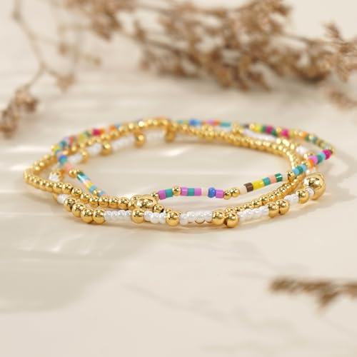 Gold Beaded Bracelet Stack for Women Colorful Small Seed Beads Bracelets Set Boho 14K Gold Plated Ball Stackable Stretch Non-Tarnish Dainty Jewelry Trendy Accessory Friendship Gift - color: blue and white
