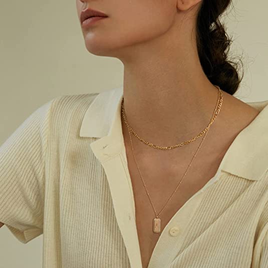 Gold Initial Necklace for Women 14K Gold Plated Figaro Chain Choker Layered Necklaces Set Bar Rectangle Pendant Necklaces Simple Dainty Letter Necklace Everyday Gold Jewelry - style: Letter H
