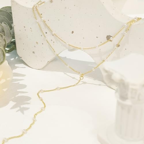 HERIER Gold Jewelry Set for Women - Dainty 14K Gold/Silver Plated Pearl Choker Necklace, Drop Earrings & Bracelets - Wedding Trendy Pearl Jewelry Gift - color: Y Layered Pearl Set-Gold