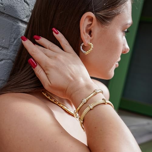 18K Gold Filled Cuff Bracelet for Women, 6.5" Inner Circ.Bracelet Bangle with Cubic Zirconia Stones Hinged Jewelry with Crystal, Fits 5.8”–6.5” Wrists