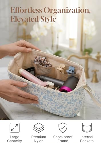 TeeYee Nylon Hair Tools Travel Bag for Dyson Airwrap Quilted Toiletry Bag | Travel Storage Bag for Shark Flexstyle/Curling Iron,Water-repellent,Wide-open,Well-structured,Heat-safe lining,001blueflower - color: Blueflower