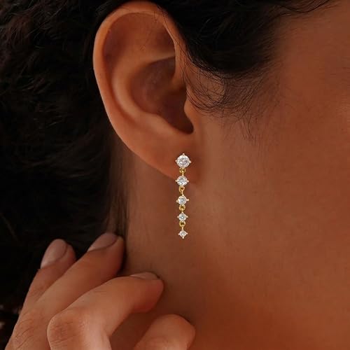 Dangle Earrings for Women, Dainty Teardrop Drop Earrings 14K CZ Flower Gold Earrings for Women Trendy Bridal Earring Set Hypoallergenic Stud Dangly Earring Stack Wedding Prom Fashion Jewelry - color: 5cz drop earrings