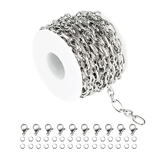 UMAOKANG Silver Stainless Steel Embossed Cable Chains for Jewelry Making | 16.4 Feet Thick Oval Link Chains Bulk Heavy Men Hip-pop Necklace DIY Chain with Jump Rings Lobster Clasps - color: Silver Embossed Rolo