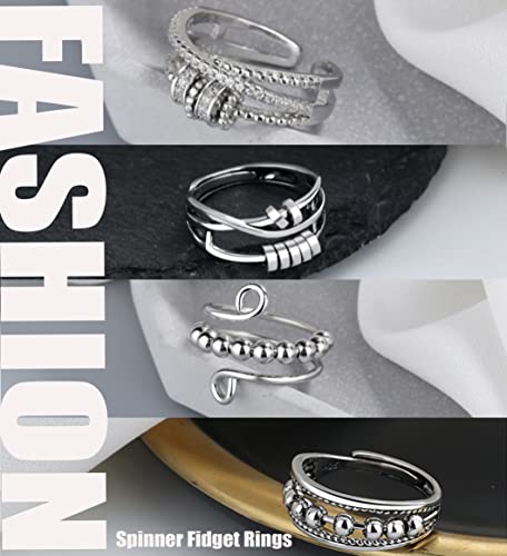 BOMAIL 4PCS Fidget Spinner Rings for Women | Open Spinning, Spinner,Knuckle Stackable, Adjustable, Stainless Steel,Finger Rings Pack