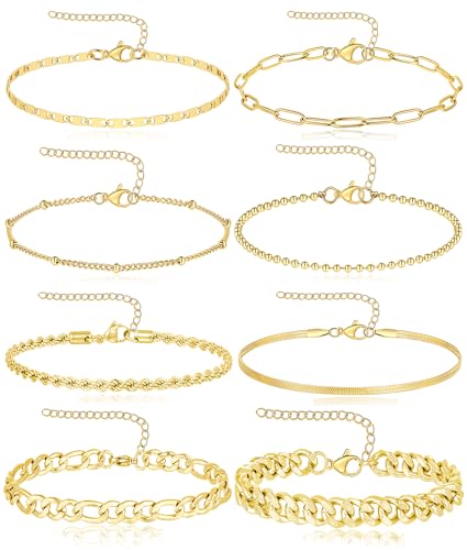 8Pcs Ankle Bracelets for Women Stainless Steel Waterproof Layered Cuban Figaro Link Chain Rope Paperclip Herringbone Satellite Bead Anklets Set Summer Beach Jewelry Gold Silver Tone 8.5 Inch - color: A:Gold