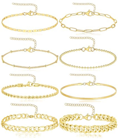 8Pcs Ankle Bracelets for Women Stainless Steel Waterproof Layered Cuban Figaro Link Chain Rope Paperclip Herringbone Satellite Bead Anklets Set Summer Beach Jewelry Gold Silver Tone 8.5 Inch - color: A:Gold