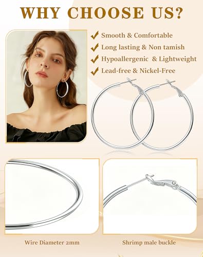 4 Pairs Gold Sliver Hoop Earrings For Women, Hypoallergenic Surgic Steel | 14K Gold Plated Stainless Steel, 30/40/50/60mm, Small Medium Large Size, Thin, Lightweight - color: 4 Pairs Silver-30/40/50/60mm