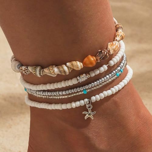 Qceasiy Starfish Ankle Bracelets for Women, Boho Beaded Beach Anklets Set | Gold-plated layered anklets in seashell, disc, and conch styles, with stretch or adjustable fits for summer beach outfits. - color: White 1