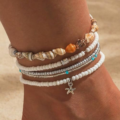 Qceasiy Starfish Ankle Bracelets for Women, Boho Beaded Beach Anklets Set | Gold-plated layered anklets in seashell, disc, and conch styles, with stretch or adjustable fits for summer beach outfits. - color: White 1