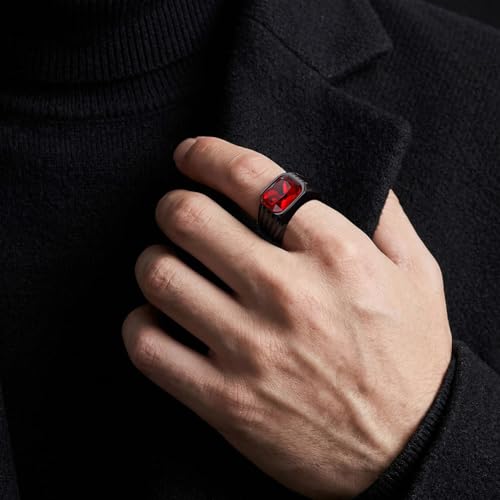 Cubic Zirconia Rings for Men Women Stainless Steel Birthstone Ring Square Cut Statement Jewelry Size 7-14 - color: Black-Ruby Stone, size: 10