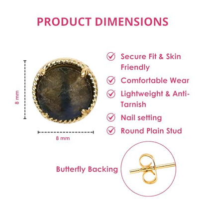 Gempires Gemstone Stud Earrings for Women 14k Gold Plated Prong Set Genuine Crystal Hypoallergenic Handmade Minimal Everyday Jewelry Elegant Birthstone Earrings Gift for Her - style: Labradorite