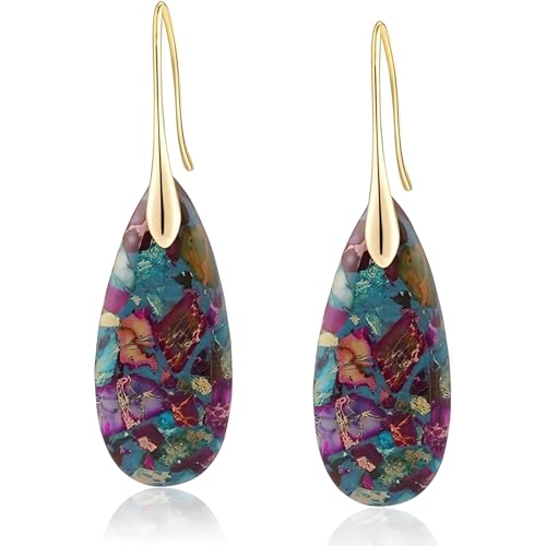 Emperor Stone Drop Earrings for Women, 2 Inch Dangle Statement Earrings in Gold & Silver, Teardrop Natural Healing Crystal Fishhook Earrings for Party, Wedding, Daily Wear - color: Rainbow Blue - Gold Hook