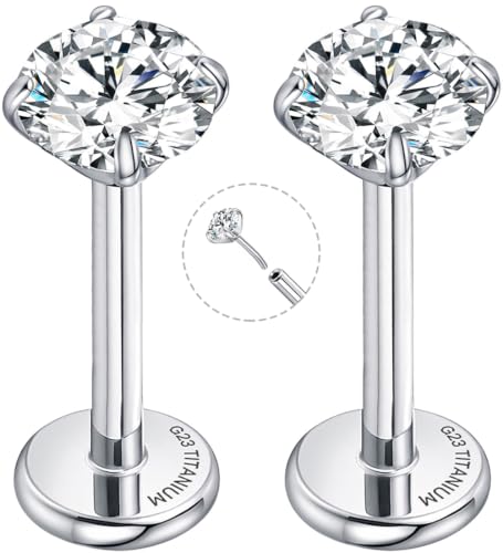 Threadless Flat Back Earrings for Tragus, Helix, Conch, Daith, Cartilage Piercings - G23 Titanium Flatback Stud Earrings with Grade AAAAA Cubic Zirconia - Threadless Flat Back Nose Stud Push Pin Ring Earring Studs (18g, 16g, 20g - 6mm, 8mm) - color: Silve