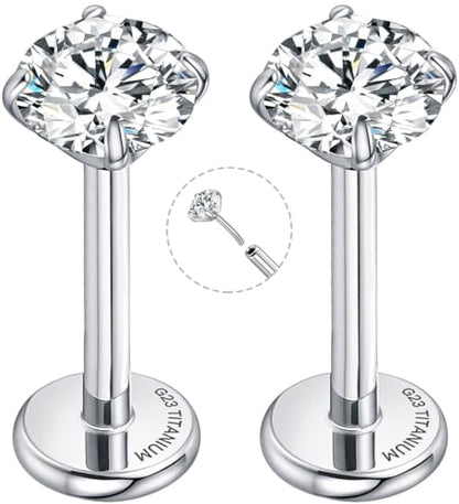 Threadless Flat Back Earrings for Tragus, Helix, Conch, Daith, Cartilage Piercings - G23 Titanium Flatback Stud Earrings with Grade AAAAA Cubic Zirconia - Threadless Flat Back Nose Stud Push Pin Ring Earring Studs (18g, 16g, 20g - 6mm, 8mm) - color: Silve