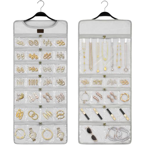 SMRITI Hanging Jewelry Organizer with Dual Zippered Pockets Canvas Double Sided Rotating Hanger Necklace Hanging Wall Organizer Earring Dustproof Holder Wall Mount Accessories Display Bag(Light Grey) - color: Light Grey