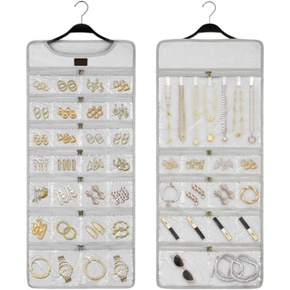 SMRITI Hanging Jewelry Organizer with Dual Zippered Pockets Canvas Double Sided Rotating Hanger Necklace Hanging Wall Organizer Earring Dustproof Holder Wall Mount Accessories Display Bag(Light Grey) - color: Light Grey