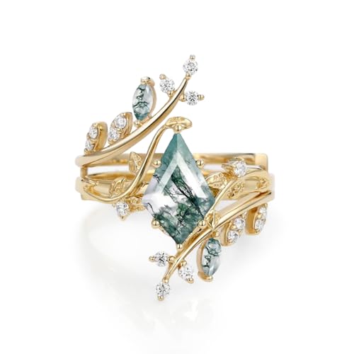 Natural Moss Agate Leafy Vintage Bridal Sets Wedding Rings for Women, 10K 14K 18K Solid Gold Kite-Cut Green Moss Agate and Moissanite Engagement Ring for Women Mother Her Jewelry Gift - color: 03-style3