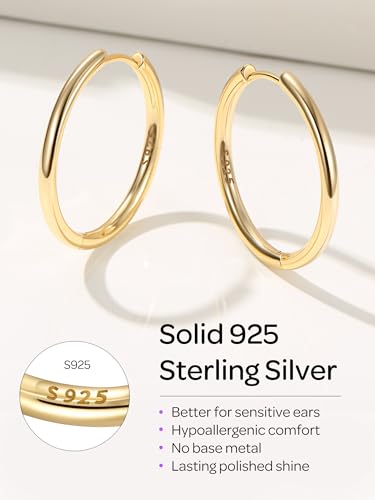 ChicSilver 925 Sterling Silver Hoop Earrings for Women Silver Huggie Hoops | Hypoallergenic 925 sterling silver hoops in 8/10/12/14/16/18/20MM, available in Gold/Silver/Rose Gold/Black. - color: Gold, size: 20mm