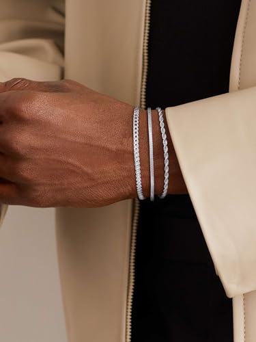 3 Pcs Stackable Braclet for Men, Dainty Silver Plated Chain Bracelet for Men Non Tanish Simple Cuban Snake Rope Link Chain Bracelet Set for Mens Jewelry 6.5/7/7.5/8/8.5/9 Inches - style: 8.5 IN