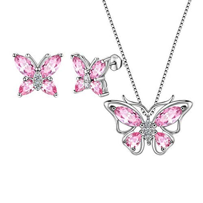 Aurora Tears Butterfly Jewelry,Women 925 Sterling Silver Butterflies Birthstone Pendant Necklace/Earrings/Rings Wedding Gift - color: J.October-set 1