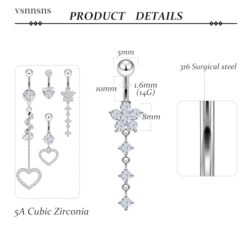 14G Dangle Belly Button Ring Piercing Jewelry 316L Stainless Surgical Steel Heart Flower CZ Reverse Navel Rings Dangling Belly Button Ring Piercing Jewelry for Women 14 Gauge Hypoallergenic - style: 5Pcs Silver