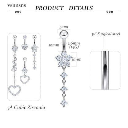 14G Dangle Belly Button Ring Piercing Jewelry 316L Stainless Surgical Steel Heart Flower CZ Reverse Navel Rings Dangling Belly Button Ring Piercing Jewelry for Women 14 Gauge Hypoallergenic - style: 5Pcs Silver