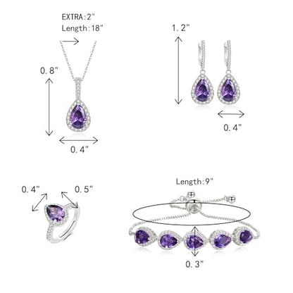 Crysdue Wedding Bridal Teardrop CZ Pendant Necklace Open Ring Dangle Earrings Adjustable Slider Bracelet Jewelry Set, Birthday Mothers Day Christmas Jewellery Gift for Women/Mom/Wife - style: 01-Teardrop Purple Silver-Tone