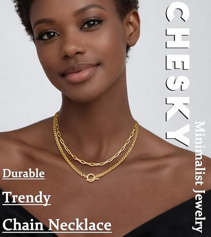 CHESKY 14K Gold Plated Layered Chain Necklace for Women | Trendy Cuban Link Chain, Chunky Paperclip Chain, Toggle Clasp Necklace, Fashion Gold Jewelry, Daily Gift for Women - style: Paperclip/Toggle-GD