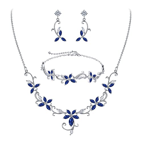 Crysdue Flower Leaf Wedding Jewelry Set for Bridal Bridemaid, Cubic Zirconia Teardrop Elegant Silver/14K/Rose Gold Plated Vine Necklace Dangle Earrings for Prom Party - style: B_Three Set Blue