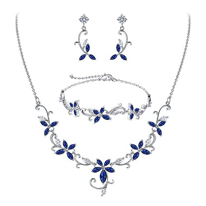 Crysdue Flower Leaf Wedding Jewelry Set for Bridal Bridemaid, Cubic Zirconia Teardrop Elegant Silver/14K/Rose Gold Plated Vine Necklace Dangle Earrings for Prom Party - style: B_Three Set Blue