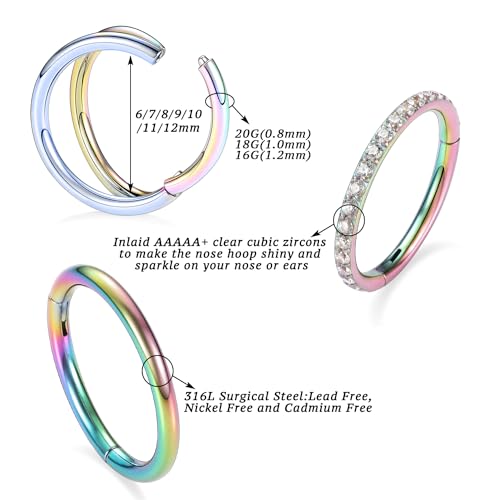 PEAKLINK 3pcs Double Nose Rings Double Nose Hoops 316L Surgical Steel Cartilage Earrings 20G/18G/16G Septum Rings Conch Piercing Helix Lip Rook Daith Tragus Pierxing Jewelry 6mm to 12mm - color: Rainbow