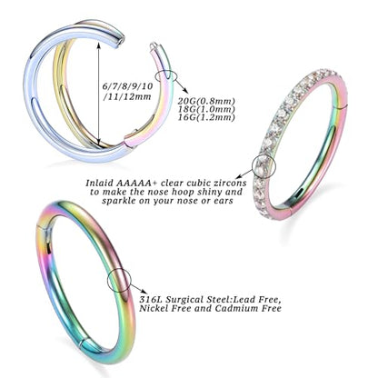 PEAKLINK 3pcs Double Nose Rings Double Nose Hoops 316L Surgical Steel Cartilage Earrings 20G/18G/16G Septum Rings Conch Piercing Helix Lip Rook Daith Tragus Pierxing Jewelry 6mm to 12mm - color: Rainbow