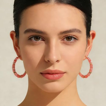 Wellike Beaded Hoop Earrings for Women Natural Stone Pink Gold Huggie Earrings Hypoallergenic Dainty Waterproof Trendy Jewelry - color: Rose Pink, size: 45mm