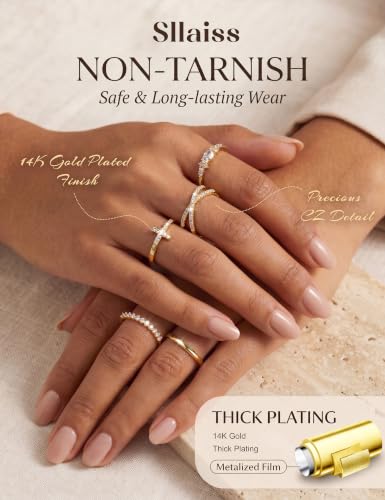 Sllaiss Stackable Gold Rings for Women Non-Tarnish 14K Gold Plated Ring Set | Non Tarnish, Dainty Stacking Ring Set, Ring Stack, Cubic Zirconia Thumb Rings, Promise Wedding Bands, Stackable Rings - color: 14K Gold Plated