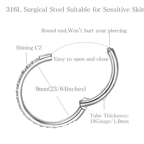 ORANGELOVE 20G 18G 16G Clear CZ Nose Ring Hoop 316L Surgical Steel Seamless Silver Septum Ring Clicker Jewelry Cartilage Earring Ear Piercing Hoop Earrings for Women Men Helix Rook Lobe Conch Tragus Daith Lip Hinged Piercing Jewelry with Cubic Zirconia -