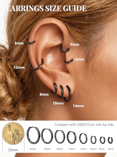 925 Sterling Silver Huggie Hoop Earrings, Small Silver Hoop Earrings for Women Hypoallergenic Huggie Lightweight Small Hoops Earring Cartilage Sleeper Earrings 6/8/10/12/14/16/18/20mm - color: Black, size: 8MM
