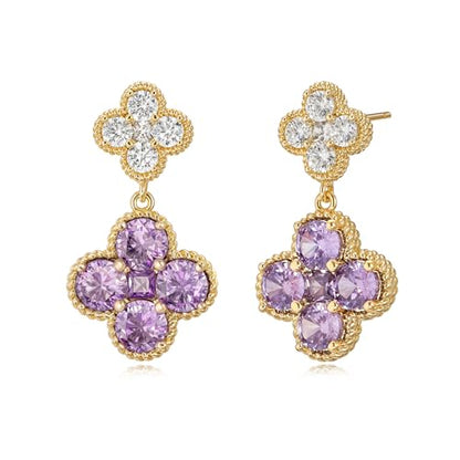 MTMY Dangle Earrings for Women 14K Gold Plated Four Leaf Clover Dangling Drop Birthstone Stud Earrings Trendy Flower Birthstone Jewelry Birthday Gifts - style: Feb.-Amethyst