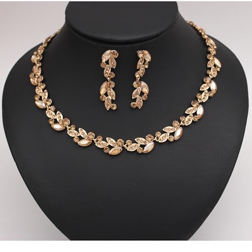 QLLYHLH Woman’s Brides Bridesmaid Leaf Choker Necklace Dangle Earrings Link Bracelet Austrian Crystal Wedding Jewelry Set Prom Costume Party Events | Brides, Bridesmaid, Prom, Events, Costume Party, Leaf - color: Champagne-Gold Plated