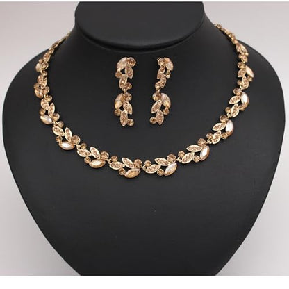 QLLYHLH Woman’s Brides Bridesmaid Leaf Choker Necklace Dangle Earrings Link Bracelet Austrian Crystal Wedding Jewelry Set Prom Costume Party Events | Brides, Bridesmaid, Prom, Events, Costume Party, Leaf - color: Champagne-Gold Plated