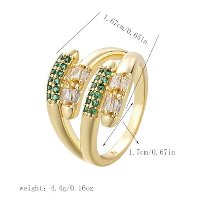 Adjustable 18K Gold Plated Open Bands Engagement Promise Ring for Women,Fashion Wrap Finger Cubic Zirconia Statement Cocktail Jewelry Gift (Green) - color: green