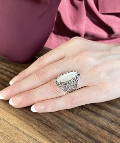 Filigranist 925 Sterling Silver Handcrafted Filigree Art Women Oval Boho Statement Ring with Gemstones, Gift Boxed - color: Mother of Pearl, size: 10.5