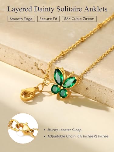 Suplight Gold Plated Butterfly Anklets for Women Waterproof, Layered Boho Ankle Bracelet with Birthstone, Stainless Steel Adjustable Non-Tarnish Heart Foot Jewelry Beach Vacation - color: 08. Butterfly-August. Peridot