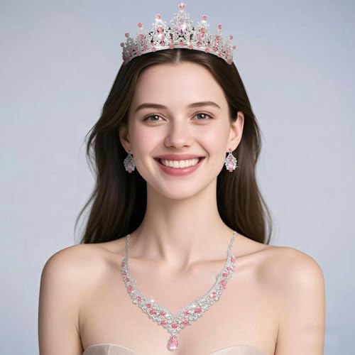 Tiaras and Crowns for Women,Tiaras Earrings Necklace, Crystal Bridal Jewelry Set - color: Pink