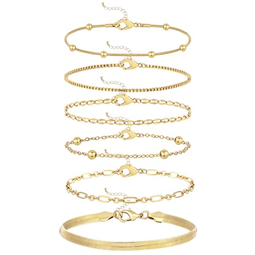 Wgoud Waterproof Gold Bracelets for Women Trendy, Dainty 14K Real Gold Plated Fashion Stackable Bracelet Sets for Women Thin Cuban Link Paperclip Chain Bracelets Layered Gold Jewelry Sets Gifts for Womens - color: 6Pcs Gold Bracelet A