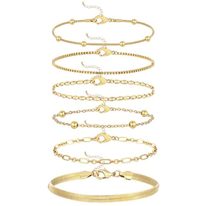 Wgoud Waterproof Gold Bracelets for Women Trendy, Dainty 14K Real Gold Plated Fashion Stackable Bracelet Sets for Women Thin Cuban Link Paperclip Chain Bracelets Layered Gold Jewelry Sets Gifts for Womens - color: 6Pcs Gold Bracelet A