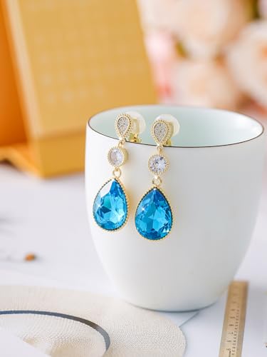 Clip On 18 * 13MM Big Crystal Dangle Non Pierced Earrings for Women 14K Gold Plated Jewelry - color: May-Emerald-14K Gold Plated