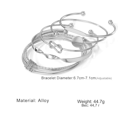 Rrdaily 14k Gold Plated Bangle Bracelet Set for Women,Silver Stackable Multi-Layer Circle Charm Bracelet,Trendy Simple Layered Non Tarnish Cuff Bracelet - color: Silver