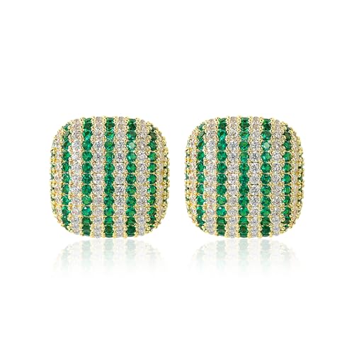 18K Gold Plated Chunky Square & Round Cubic Zirconia Stud Earrings for Women, Hypoallergenic 925 Silver Post Simulated Diamond Wedding Prom Party Bridesmaid Daily Fine Jewelry Gift for Mom Wife Friend - color: EA355-Square-Gold Green